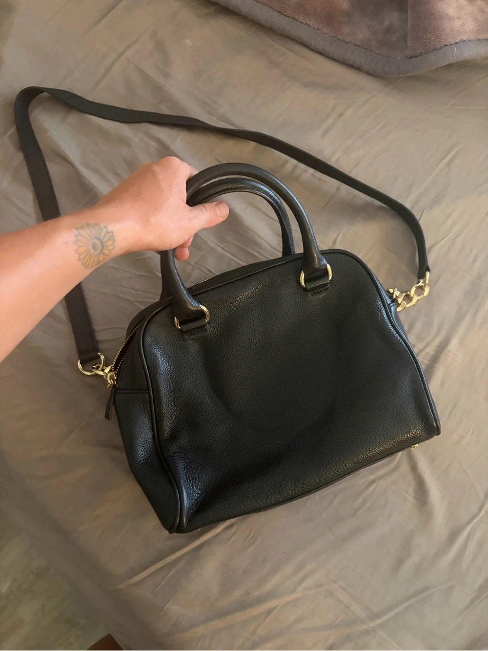 Michael Kors Black Pebbled Leather Satchel with Gold Chain Tassel